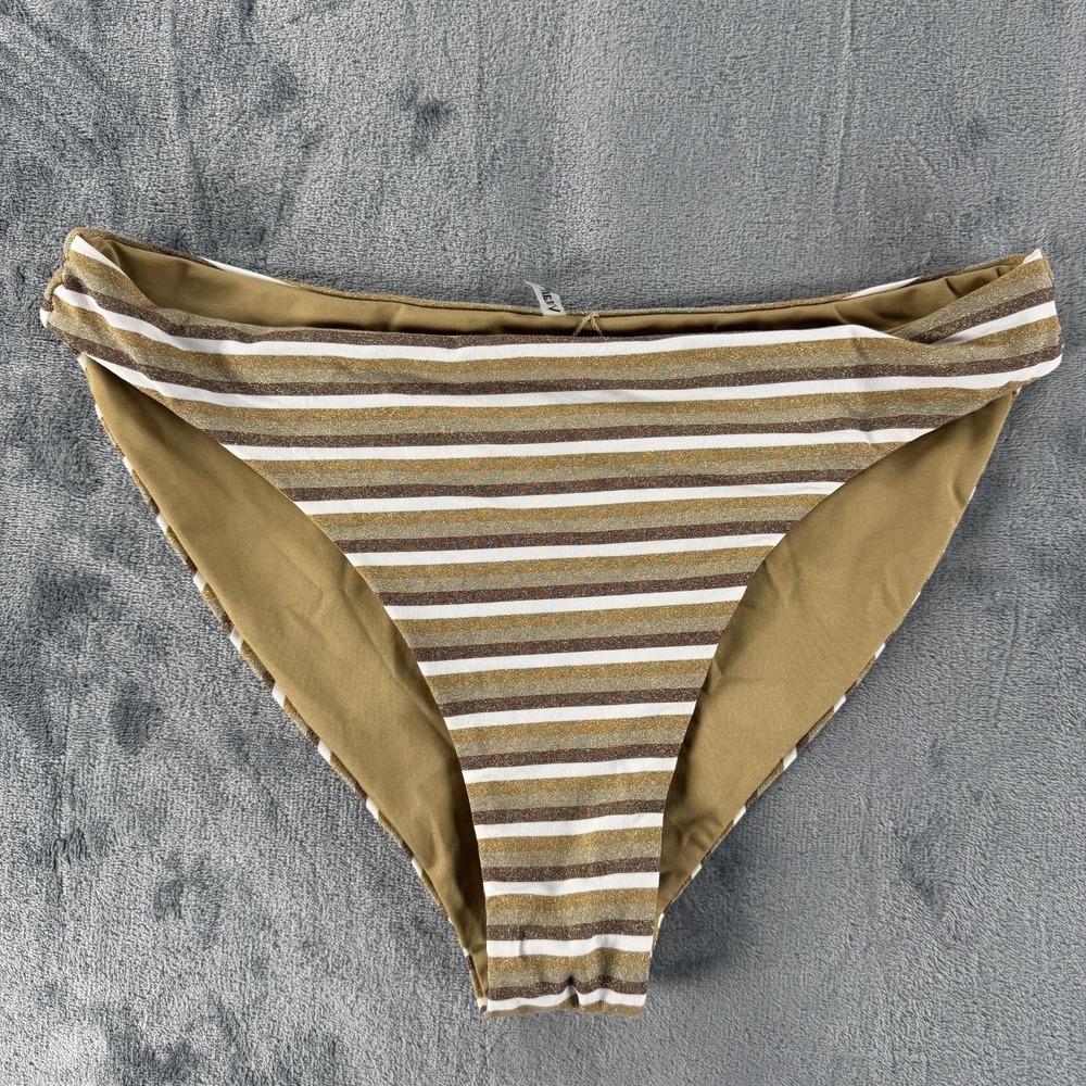 Vitamin A Bikini Bottom Large Gold Metallic Stripe Lurex Low Rise Swimwear USA